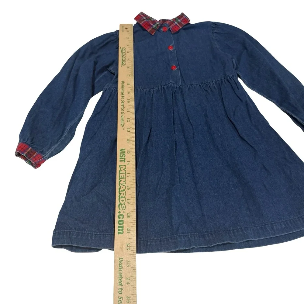 Vintage OshKosh B'gosh Girls Denim Dress Plaid Trim Made in USA Size 6 Blue Red‎
